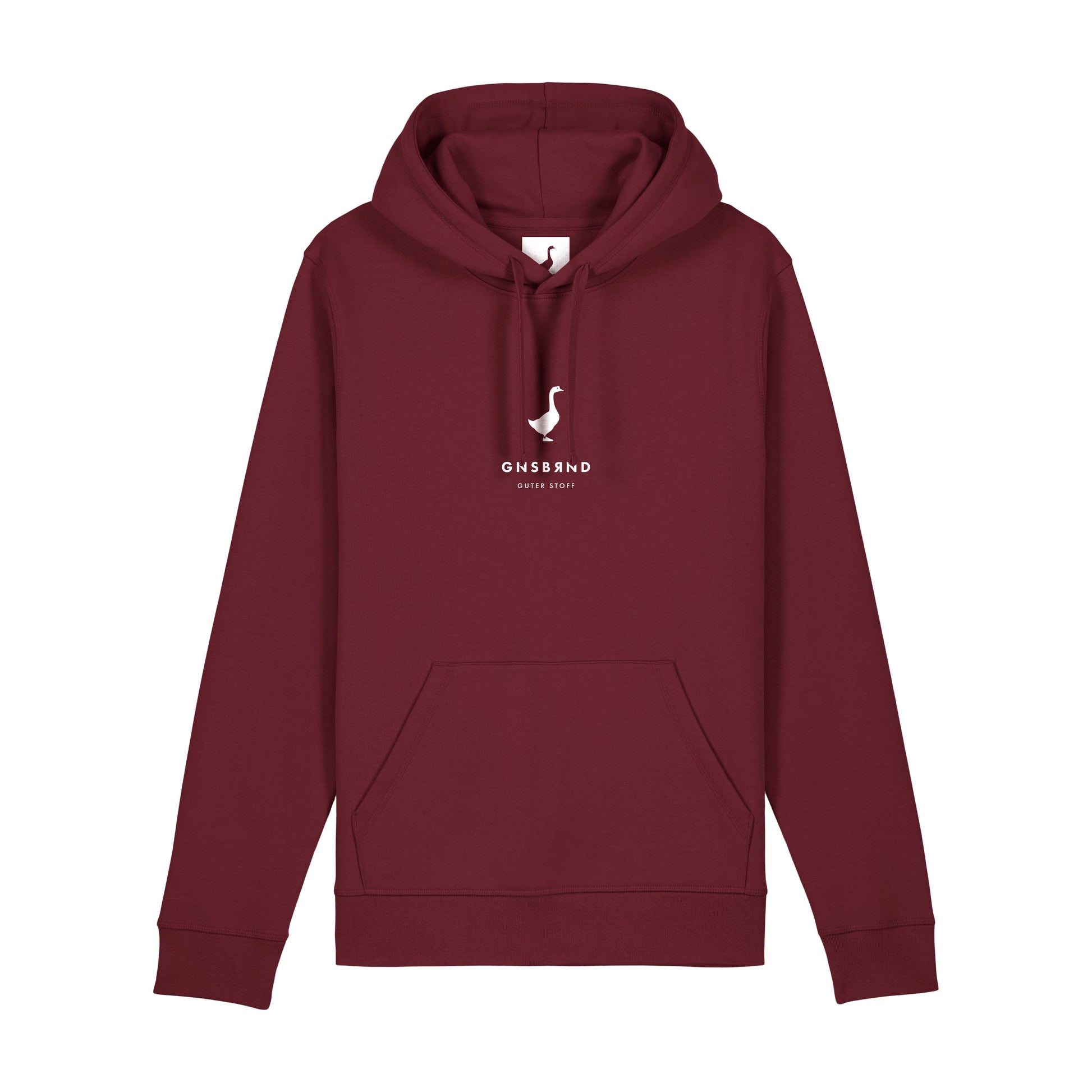 Der Schuettberg Hoodie von Der Stall ist ein kastanienbraunes Sweatshirt aus Bio-Baumwolle mit Kapuze, Vordertasche und weißem, minimalistischem Katzenlogo sowie den Texten "CHSBAND" und "quiet story" auf der Brust.