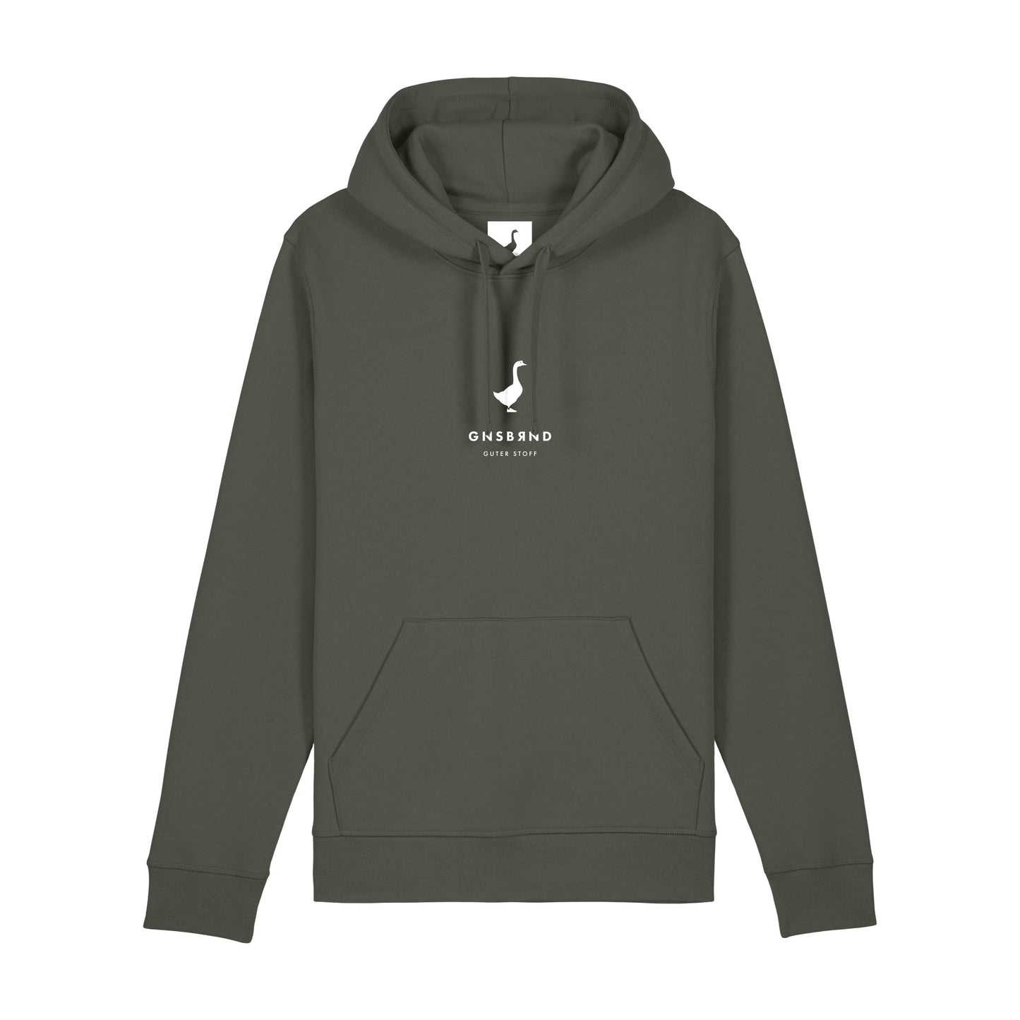 Der Schuettberg Hoodie von Der Stall ist ein dunkelgrünes, khakifarbenes Kapuzensweatshirt mit einer Fronttasche, hergestellt aus Bio Baumwolle und recyceltem Polyester, mit einem kleinen weißen Tierlogo und dem Text "ONS BAND OUTER STORY" auf der Brust.