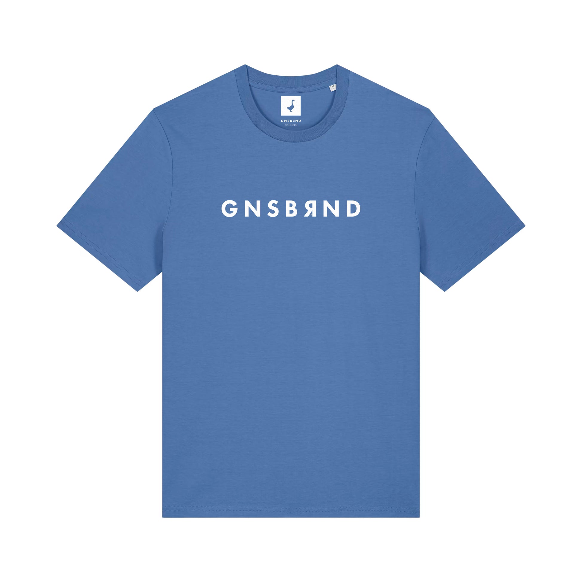 Das GNSBRND Seibotenberg Shirt ist ein blaues, kurzärmeliges Unisex-T-Shirt aus Bio-Baumwolle mit auffälligen weißen Großbuchstaben und einem umgekehrten R auf der Brust - ideal für den Alltag.