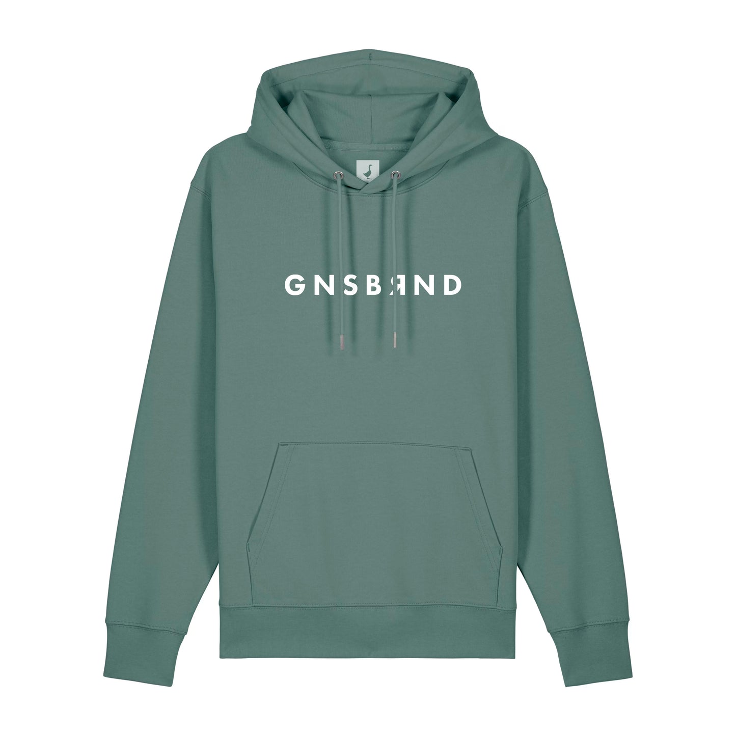 Der Aurach Hoodie von GNSBRND ist ein salbeigrüner, unisex-fit Pullover aus Bio-Baumwolle mit einer Fronttasche und weißem GNSBRND-Schriftzug auf der Brust.