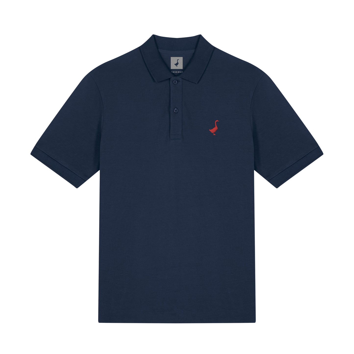 Das Leofels Polo Shirt von GNSBRND ist ein marineblaues Kurzarm-Polo in hochwertiger Pique Optik mit Kragen, Dreiknopfleiste und einem kleinen roten Flamingo-Logo auf der linken Brust.