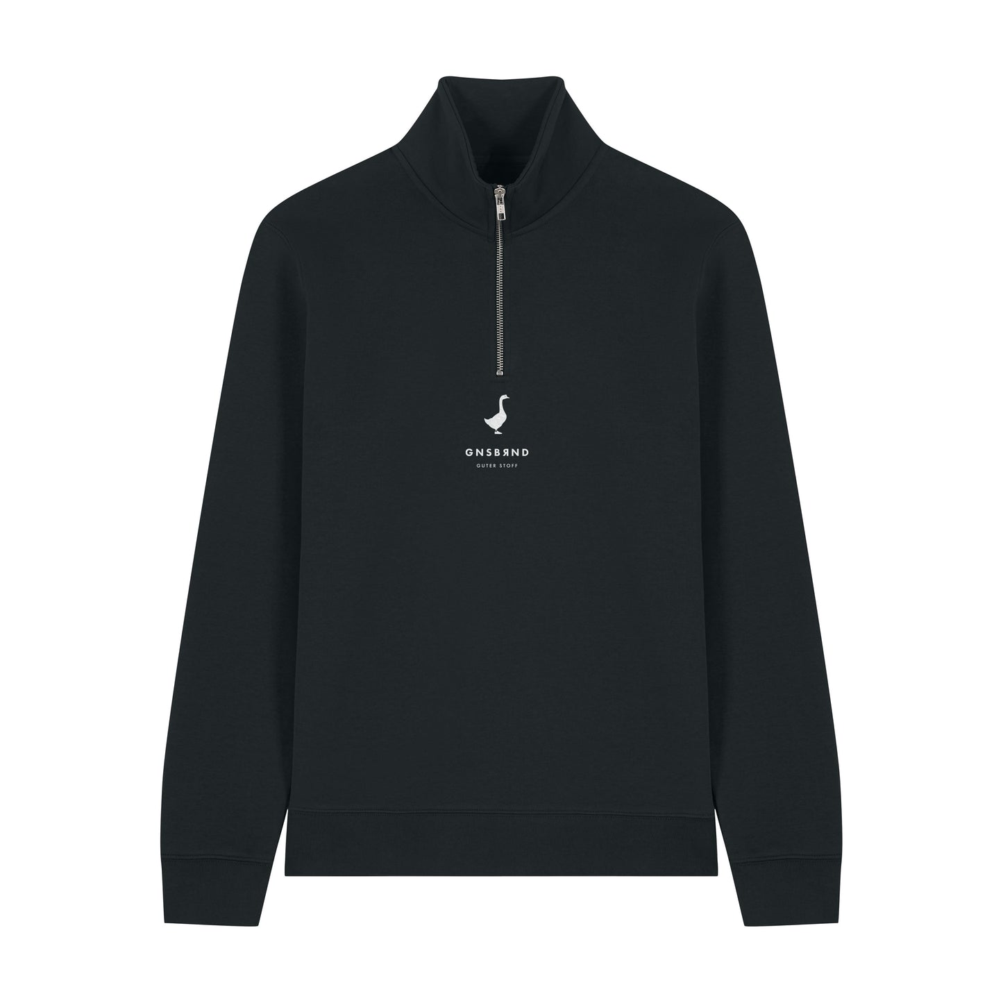 Der Weipertshofen Halfzip von Der Stall ist ein schwarzer Pullover mit Viertelreißverschluss aus recyceltem Polyester. Er hat einen Stehkragen, einen weißen Reißverschluss, lange Ärmel und ein kleines weißes ONS&OND above PARIS 2020 Logo auf der Brust. Keine sichtbaren Taschen.