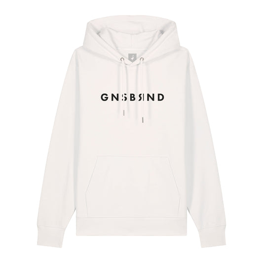 Der Aurach Hoodie von GNSBRND ist weiß und hat eine Fronttasche, Kordelzüge und den Schriftzug "GNSB SND" auf der Brust. Er ist aus weicher Bio-Baumwolle gefertigt und hat eine bequeme Unisex-Passform.