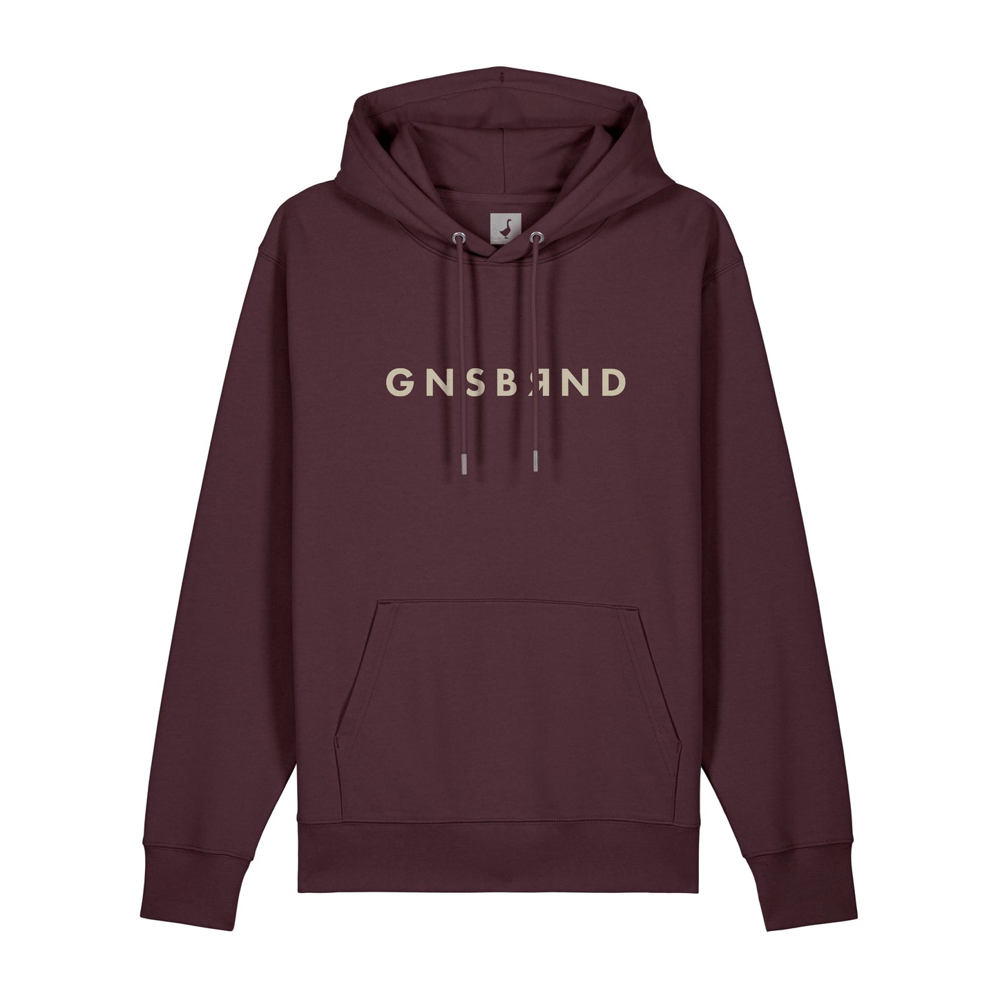 Der Aurach Hoodie von GNSBRND ist ein kastanienbrauner Unisex-Kapuzenpulli mit Fronttasche, Kordelzug und beigem "GNSBAND"-Aufdruck auf der Brust. Hergestellt aus weicher Bio-Baumwolle für ganztägigen Komfort.