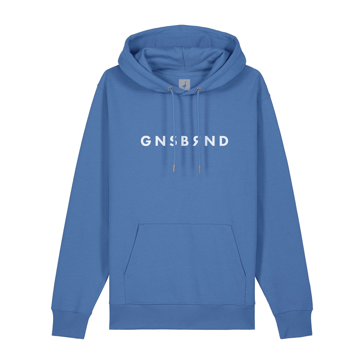 Der Aurach Hoodie von GNSBRND ist ein blauer Kapuzenpullover in Unisex-Passform mit einer Fronttasche und einem auffälligen weißen "GNSBRND"-Schriftzug auf der Brust. Hergestellt aus weicher Bio-Baumwolle für Komfort und Stil.