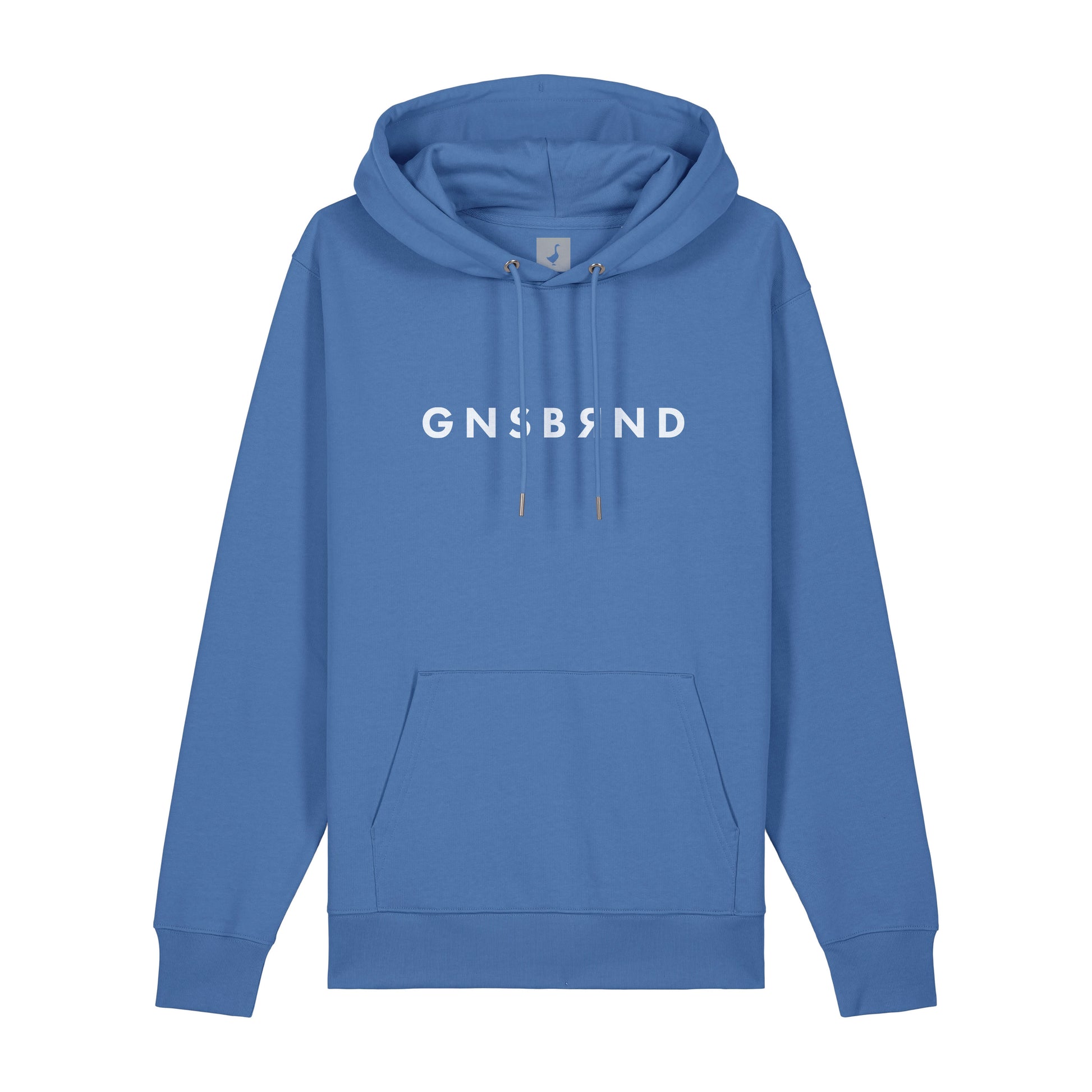 Der Aurach Hoodie von GNSBRND ist ein blauer Kapuzenpullover in Unisex-Passform mit einer Fronttasche und einem auffälligen weißen "GNSBRND"-Schriftzug auf der Brust. Hergestellt aus weicher Bio-Baumwolle für Komfort und Stil.