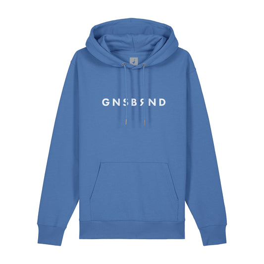 Der Aurach Hoodie von GNSBRND ist ein blauer Kapuzenpullover in Unisex-Passform mit einer Fronttasche und einem auffälligen weißen "GNSBRND"-Schriftzug auf der Brust. Hergestellt aus weicher Bio-Baumwolle für Komfort und Stil.