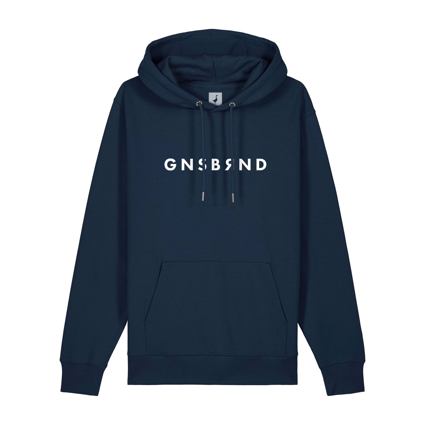 Der Aurach Hoodie von GNSBRND ist ein marineblauer Unisex-Kapuzenpulli mit Fronttasche und Kordelzug, auf dessen Brust in weißen Großbuchstaben der Schriftzug "GNSBRND" prangt.