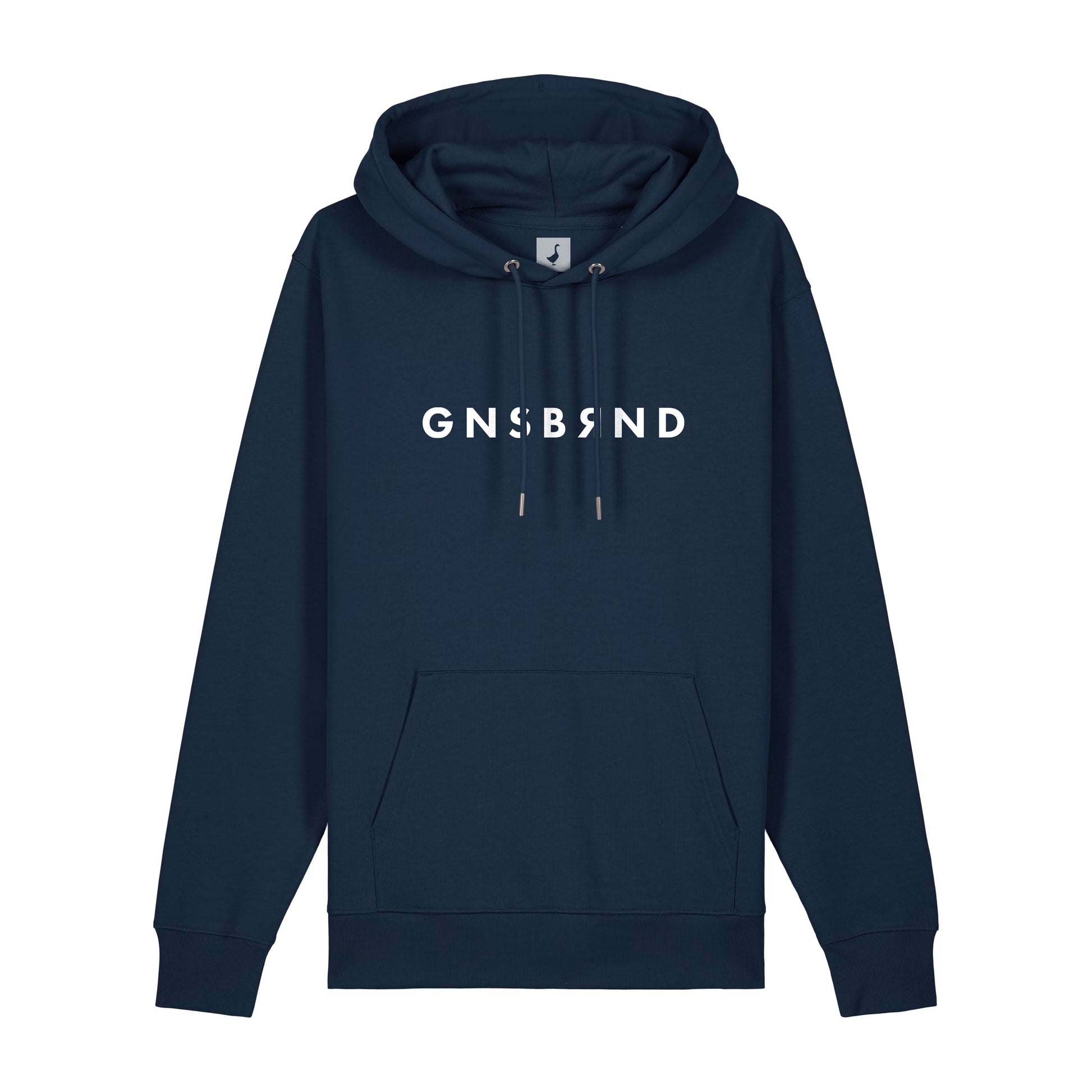 Der Aurach Hoodie von GNSBRND ist ein marineblauer Unisex-Kapuzenpulli mit Fronttasche und Kordelzug, auf dessen Brust in weißen Großbuchstaben der Schriftzug "GNSBRND" prangt.