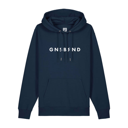 Der Aurach Hoodie von GNSBRND ist ein marineblauer Unisex-Kapuzenpulli mit Fronttasche und Kordelzug, auf dessen Brust in weißen Großbuchstaben der Schriftzug "GNSBRND" prangt.