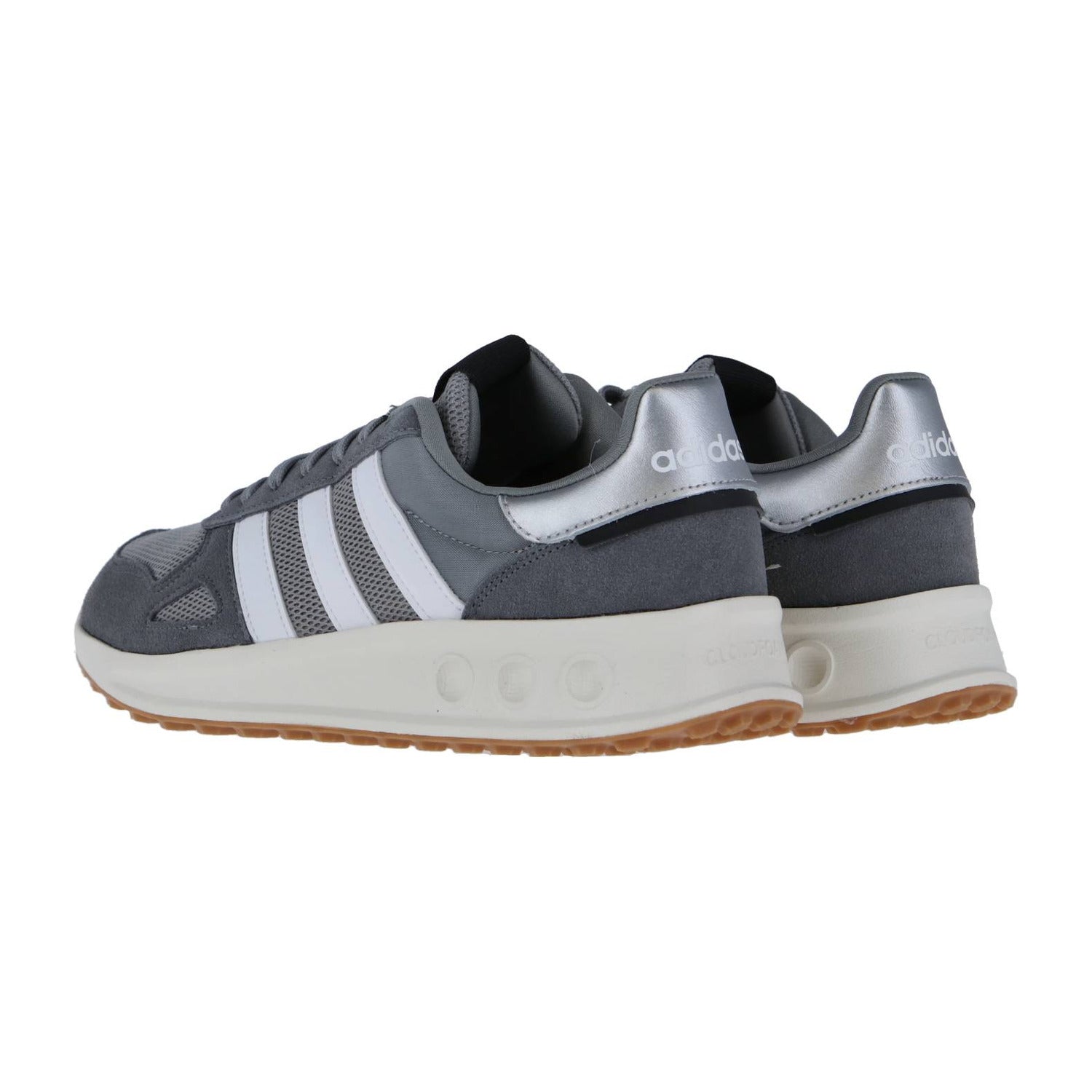 Ein Paar Adidas RUN 84 Sneaker in Grau mit weißen Streifen, hellgrauen Akzenten und Gummisohlen, von hinten und von der Seite auf weißem Hintergrund - ideal für Fans von Vintage-Sneakern und Retro-Laufstilen.