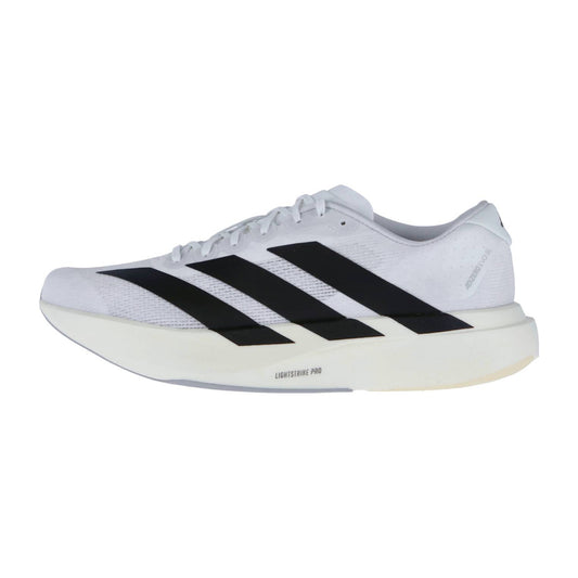 Der Adidas adizero Evo SL M ist ein weißer Laufschuh mit drei auffälligen schwarzen Streifen, einem niedrig geschnittenen Design und einer weißen Sohle mit Lightstrike Pro Zwischensohle Text für reaktionsfreudige Dämpfung.