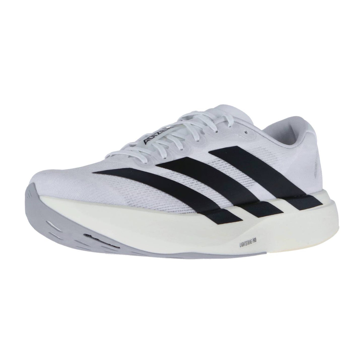 Der Adidas adizero Evo SL M ist ein weißer Low-Top-Laufschuh mit einer dicken Lightstrike Pro-Zwischensohle, drei schwarzen Streifen und grauen Akzenten an der Außensohle.