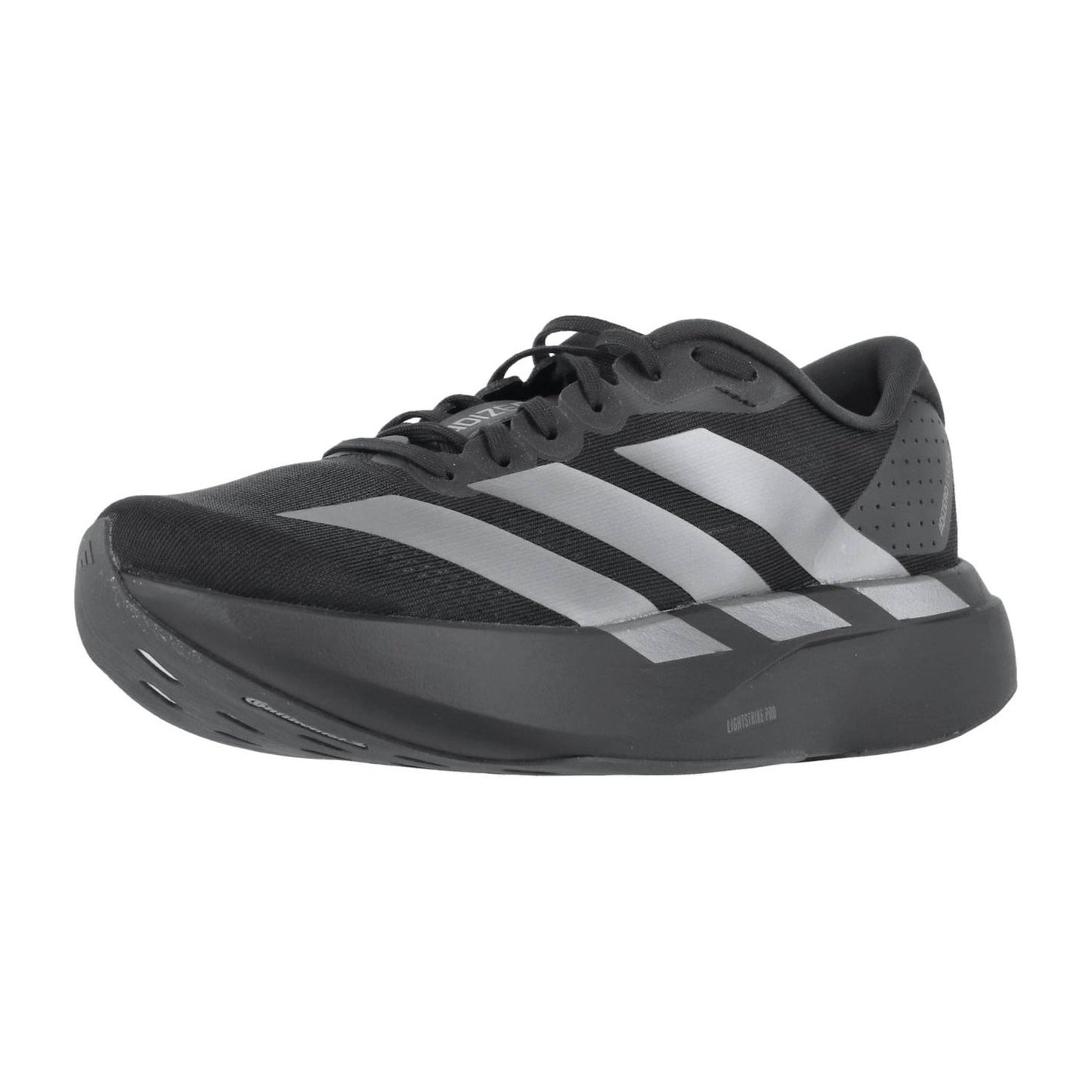 Der Adidas adizero Evo SL W ist ein schwarzer Sportschuh mit silbernen Streifen, dicker strukturierter Sohle und atmungsaktivem Mesh, von vorne gesehen.