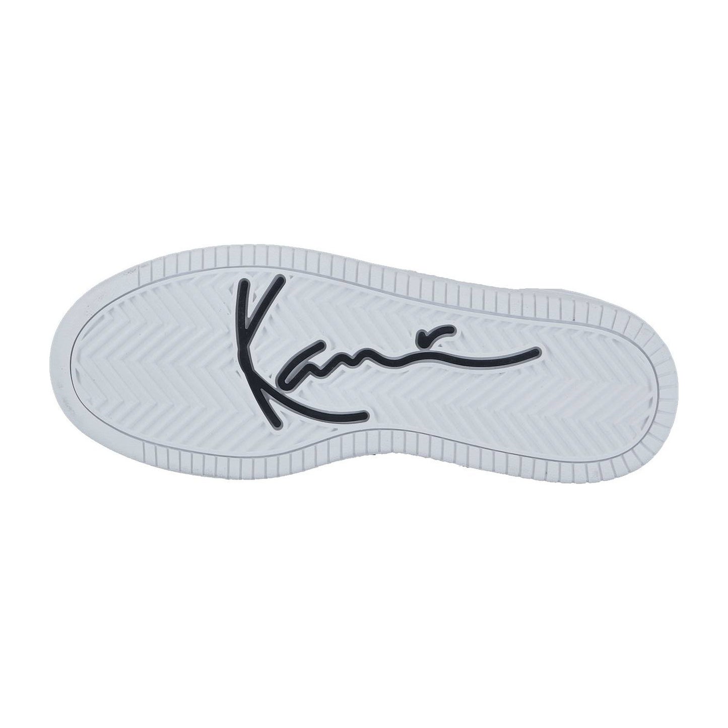 Der 89 UP 23 weiß/schwarz MC WMN von Karl Kani hat eine weiße Sohle mit Zickzack-Muster und einen auffälligen schwarzen "Karl"-Schriftzug, der Retro-Basketball-Vibes und den kultigen Karl Kani Streetstyle widerspiegelt.