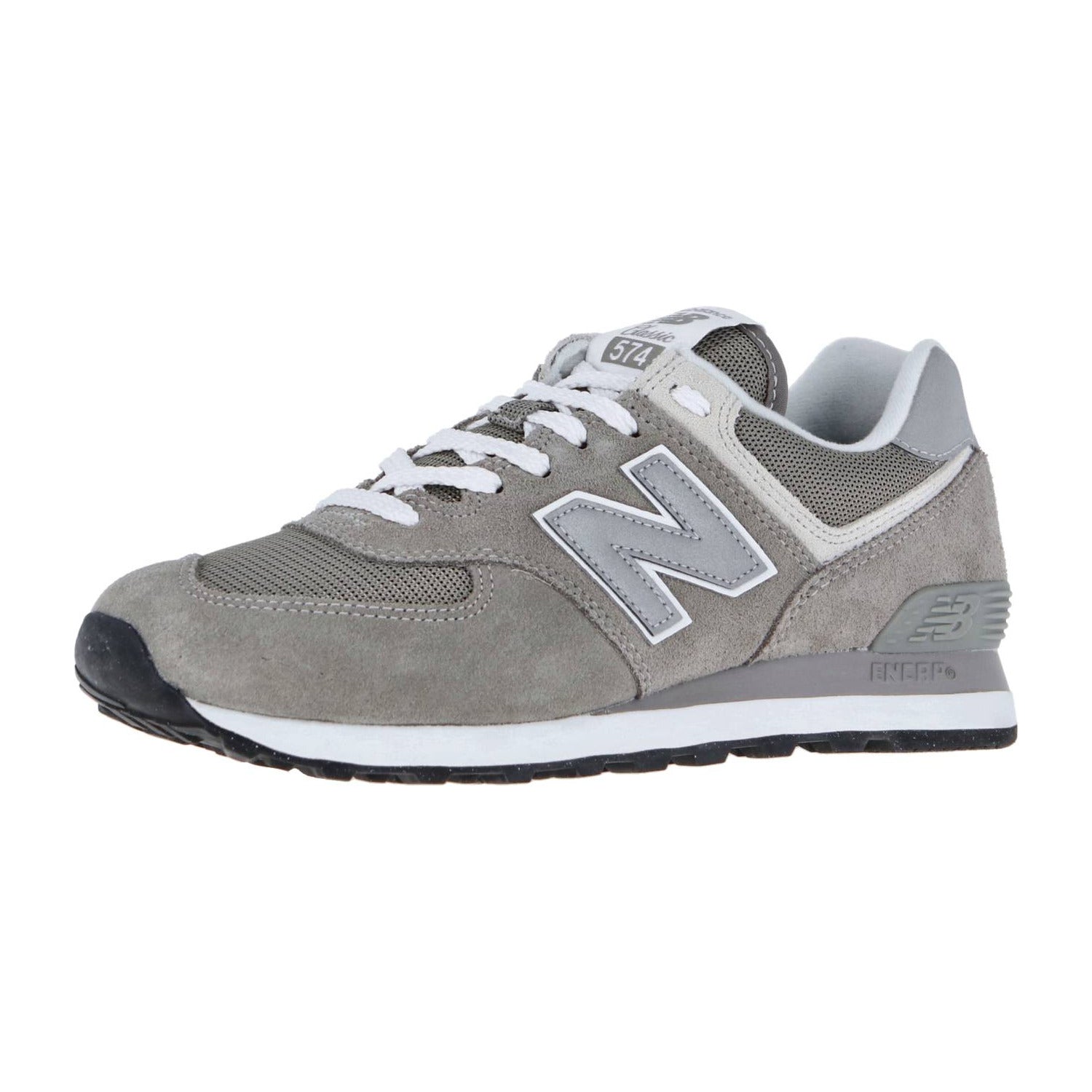 Der New Balance ML574V3 Retro-Sneaker hat ein graues Design mit weißen Schnürsenkeln, ein weißes und graues N-Logo und eine schwarz-weiße Gummisohle mit ENCAP-Technologie auf einem schlichten weißen Hintergrund.