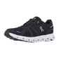 Der On CLOUD 6 ist ein schwarzer, sportlicher Sneaker mit weißen Details, einer einzigartigen weißen, segmentierten Sohle mit CloudTec-Dämpfung und zeigt Schweizer Ingenieurskunst. Das ON-Markenlogo erscheint an der Seite und auf der Zunge.