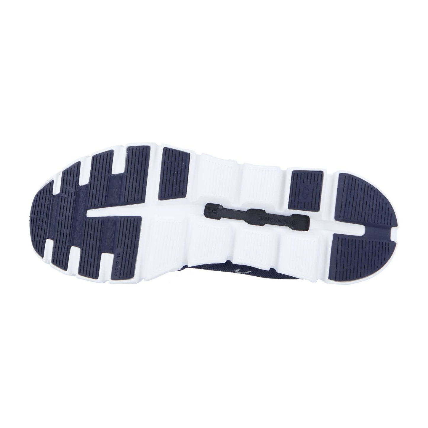 Der Sneaker CLOUD 6 von On in Marineblau und Weiß verfügt über eine Sohle mit tiefen horizontalen Rillen und strukturierten Abschnitten für mehr Grip, wobei die Schweizer Technik und die innovative CloudTec-Dämpfung für außergewöhnlichen Komfort sorgen.