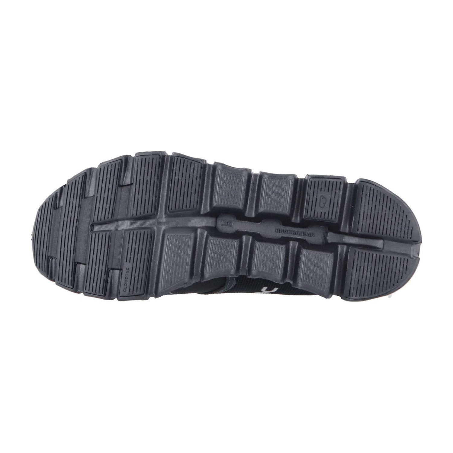 Das Bild zeigt die schwarze Gummilaufsohle des On CLOUD 6 WP und hebt das strukturierte Profil mit horizontalen und vertikalen Rillen für Traktion, Flexibilität und CloudTec-Dämpfung hervor.