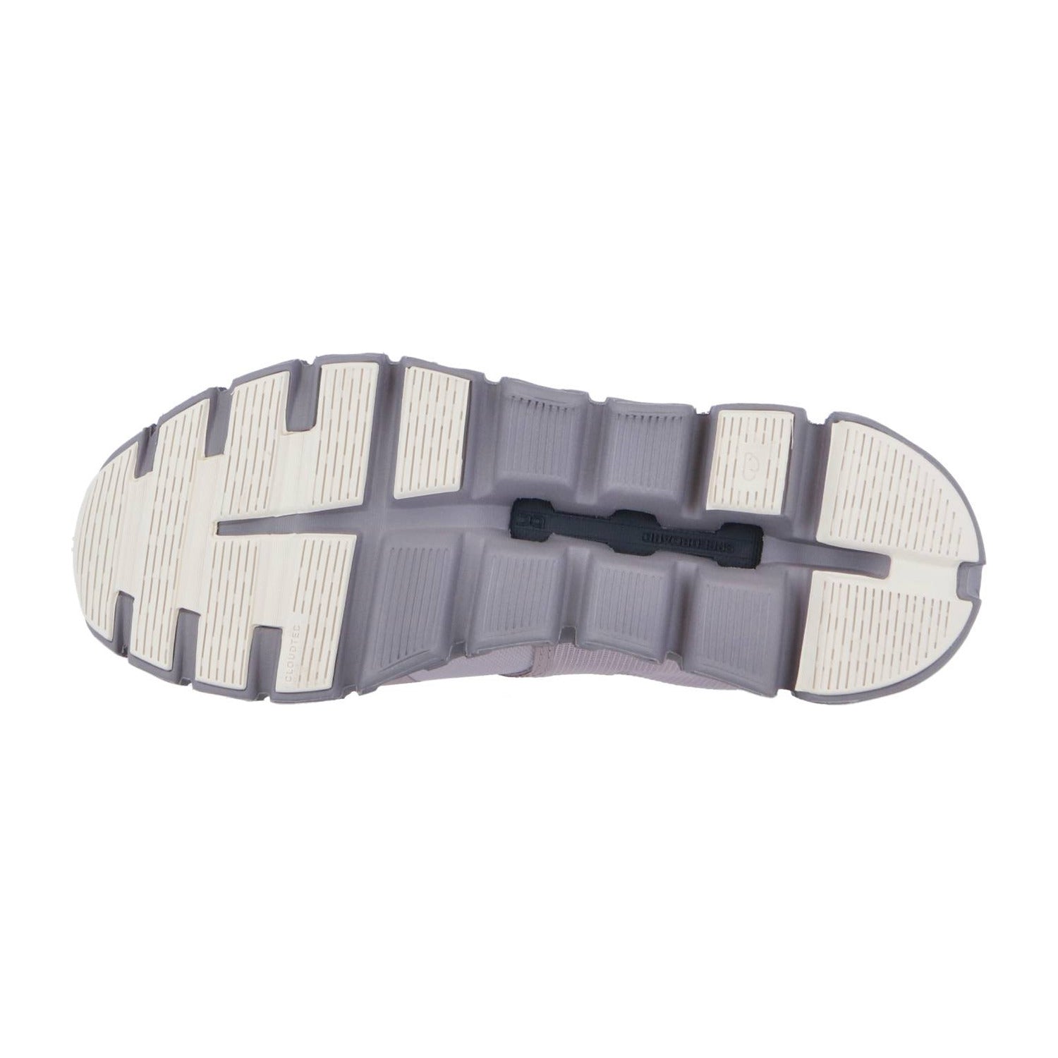 Das Bild zeigt die Sohle des On CLOUD 6 WP Sneakers, die in Grau und Off-White gehalten ist und mit tiefen Rillen und strukturierten Abschnitten für Traktion und Flexibilität sorgt.