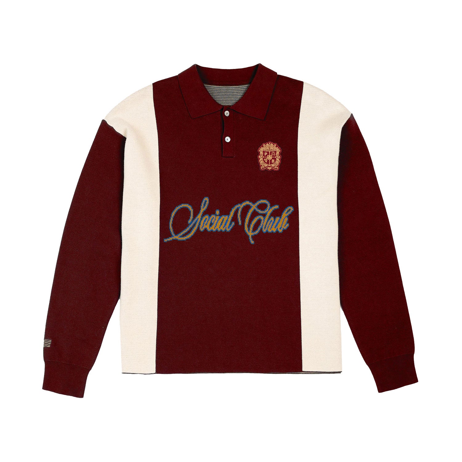 Das PROHIBITED Contrast Clubhouse Knit Brown ist ein langärmeliges Rugby-Shirt aus 100% Baumwolle mit breiten kastanienbraunen und cremefarbenen Streifen, einem gestickten Brustwappen und dem Schriftzug "Social Club" auf der Vorderseite.