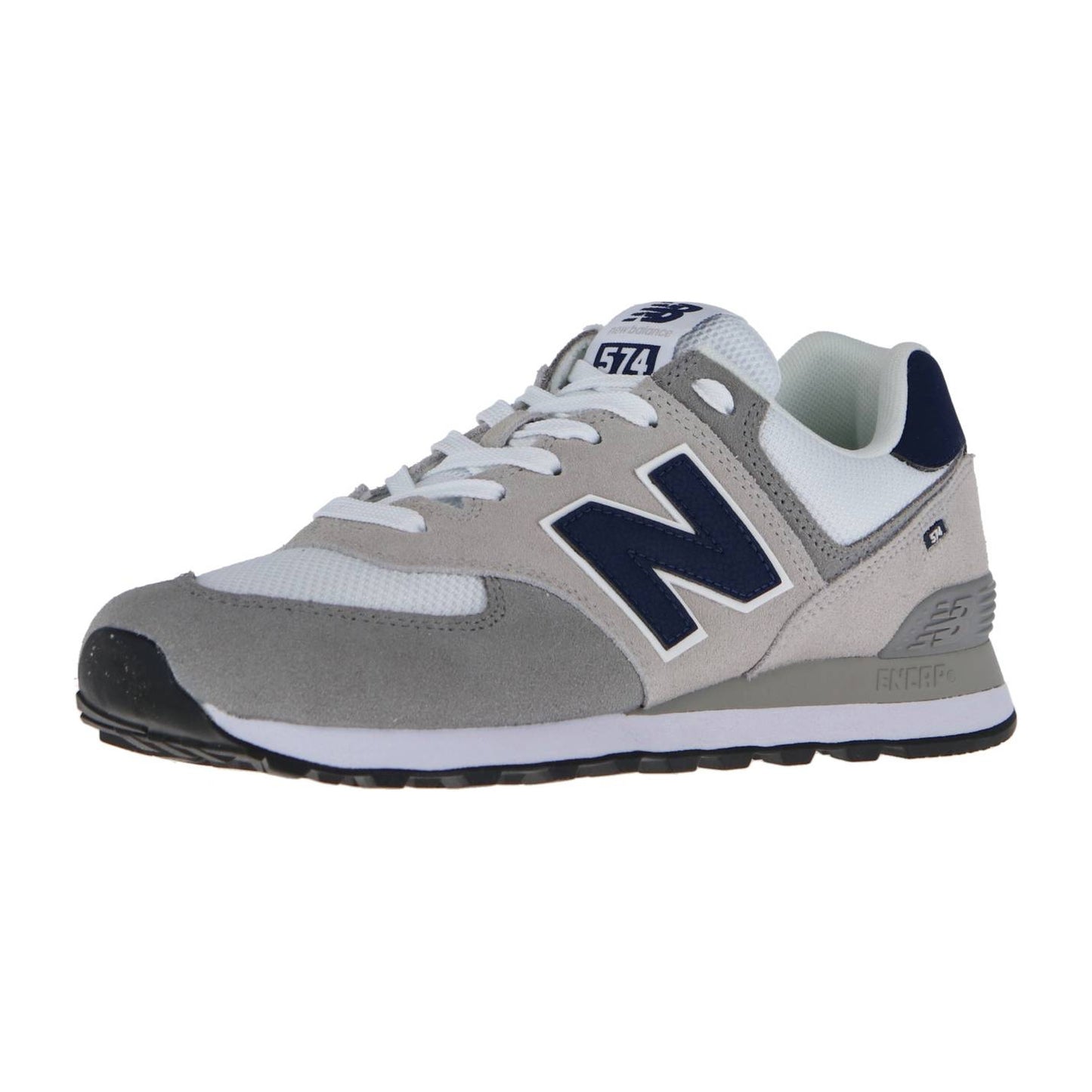 Der New Balance 574 V2 hat ein graues und weißes Design mit einem marineblauen N-Logo, weißen Schnürsenkeln, Mesh- und Wildledereinsätzen, ENCAP-Dämpfungstechnologie und einer schwarzen Gummisohle.