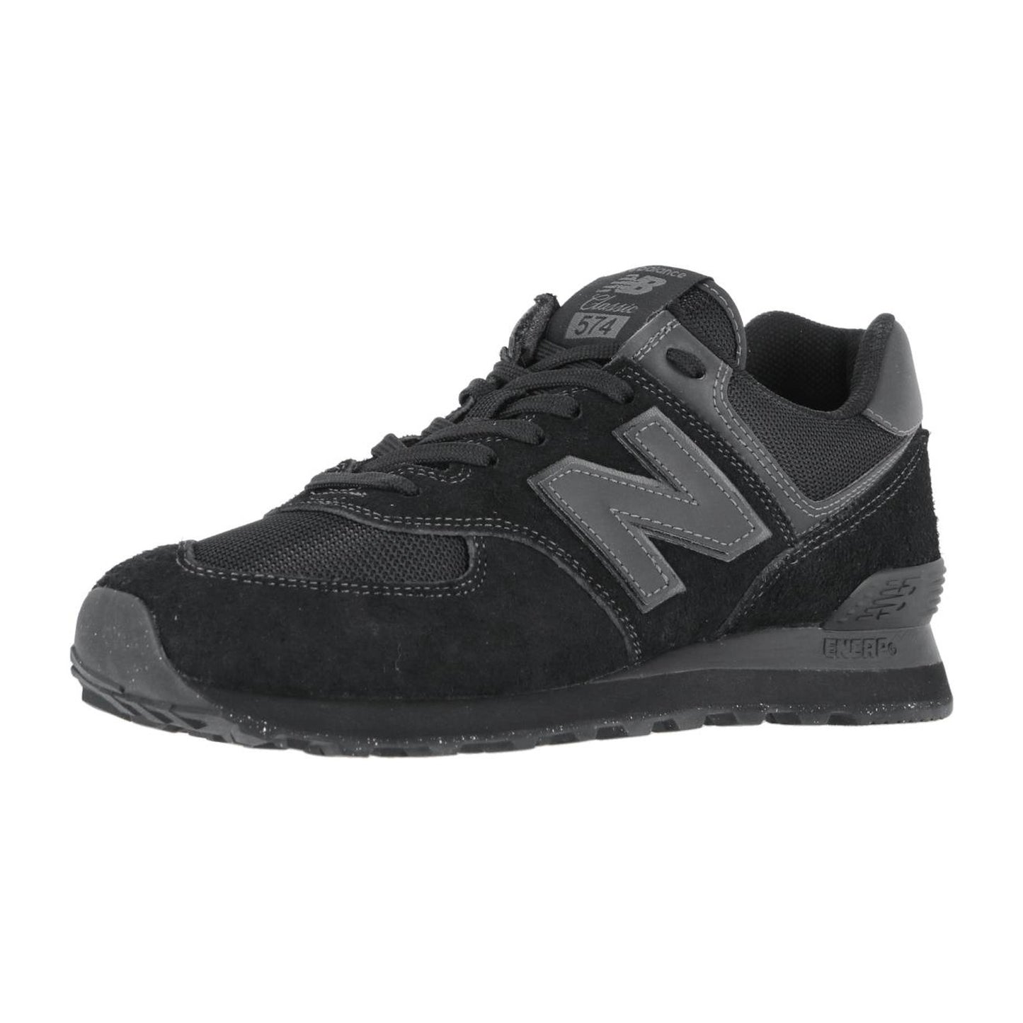 Der New Balance ML574V3 ist ein schwarzer Retro-Sneaker mit Obermaterial aus Mesh und Wildleder, einem auffälligen grauen N-Logo, ENCAP-Dämpfung für Komfort und einer haltbaren schwarzen Gummisohle.
