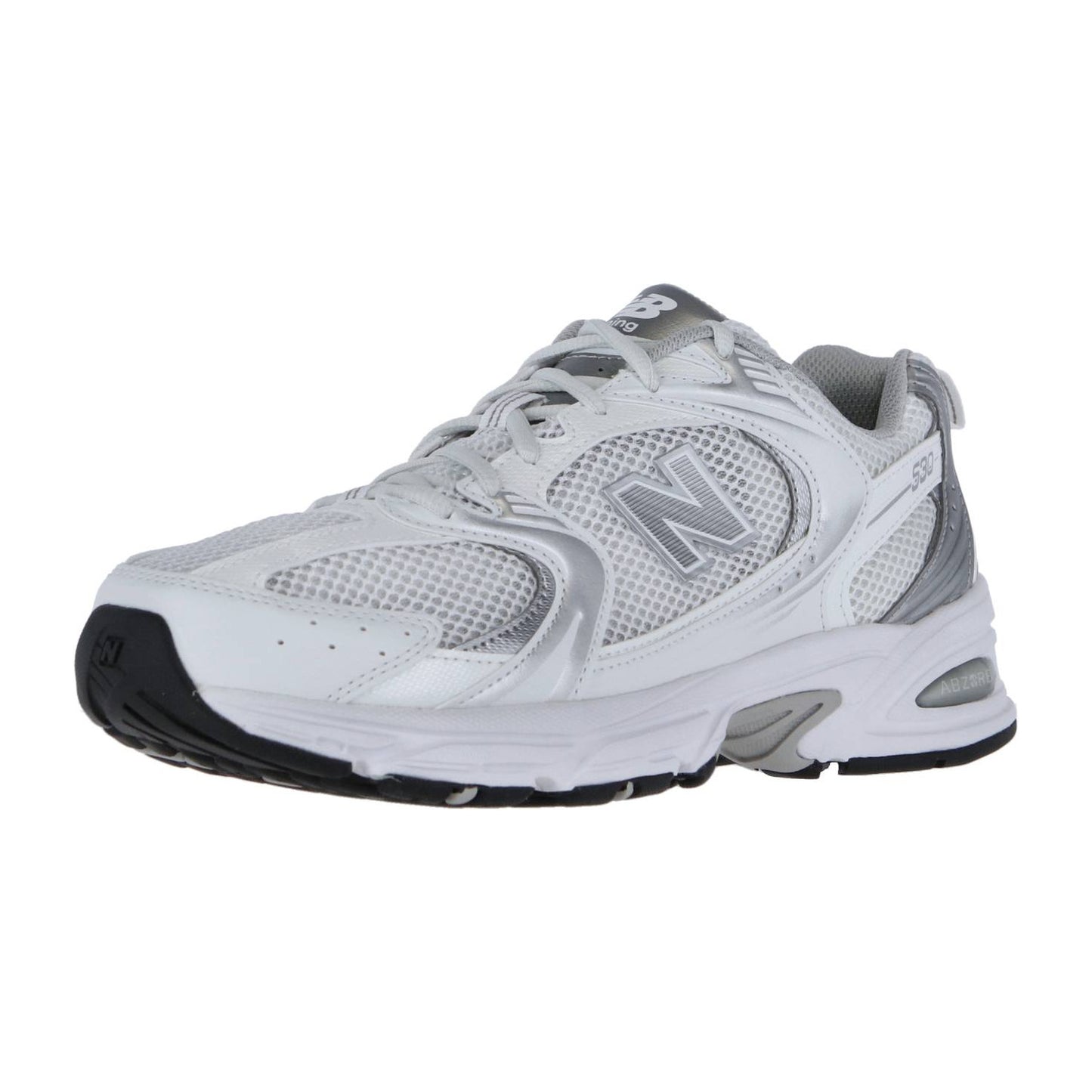 Der New Balance MR530 ist ein weißer und grauer Sportschuh mit Mesh-Einsätzen, schwarzer und grauer Gummisohle, ABZORB-Dämpfung und einem "N" an der Seite, das vor einem schlichten weißen Hintergrund steht.