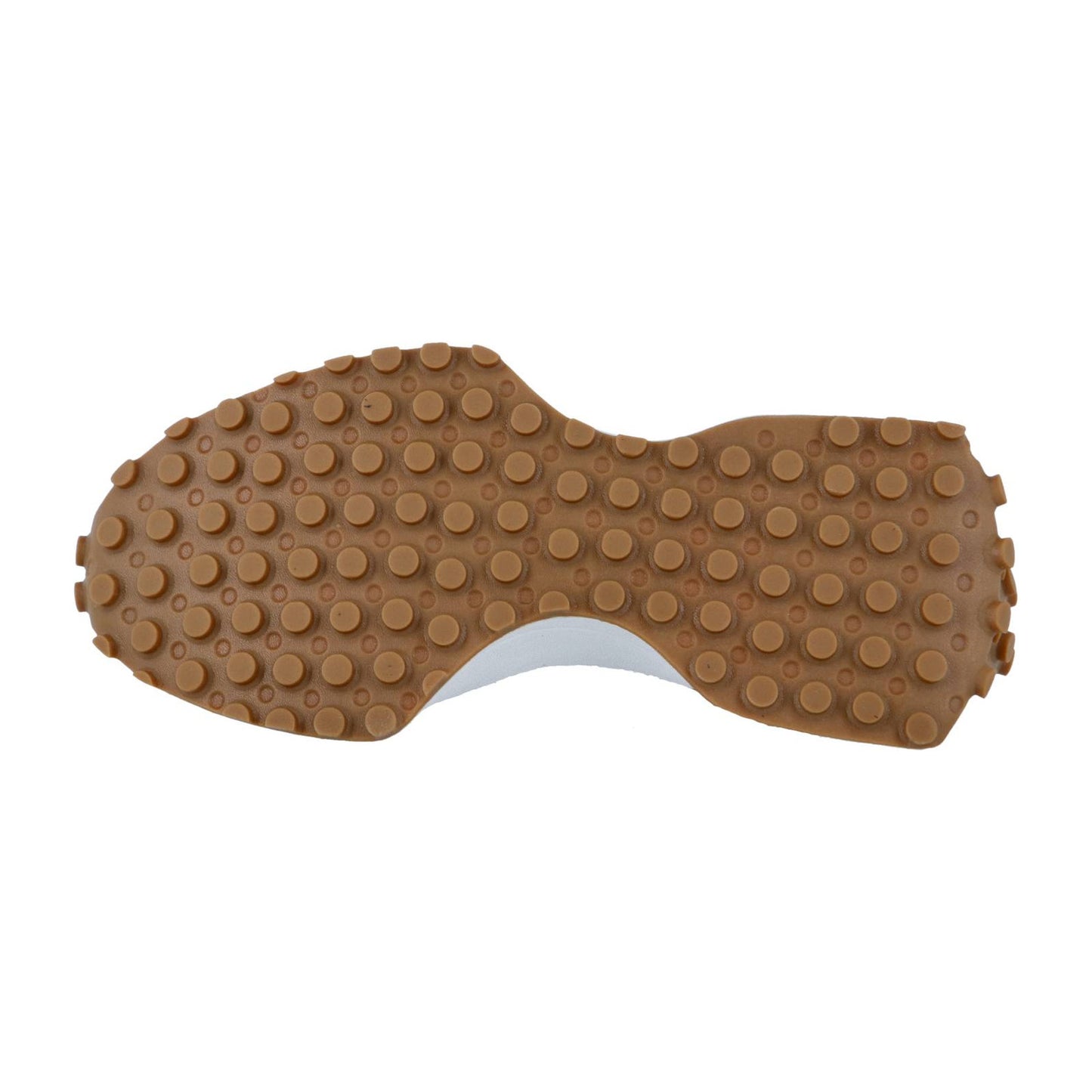 Die braune Sohle des New Balance 327 Sneakers, die von unten auf weißem Hintergrund zu sehen ist, weist zahlreiche runde, erhabene Gummigrips und eine ergonomische Form auf, die das kultige Retro-Design widerspiegelt.