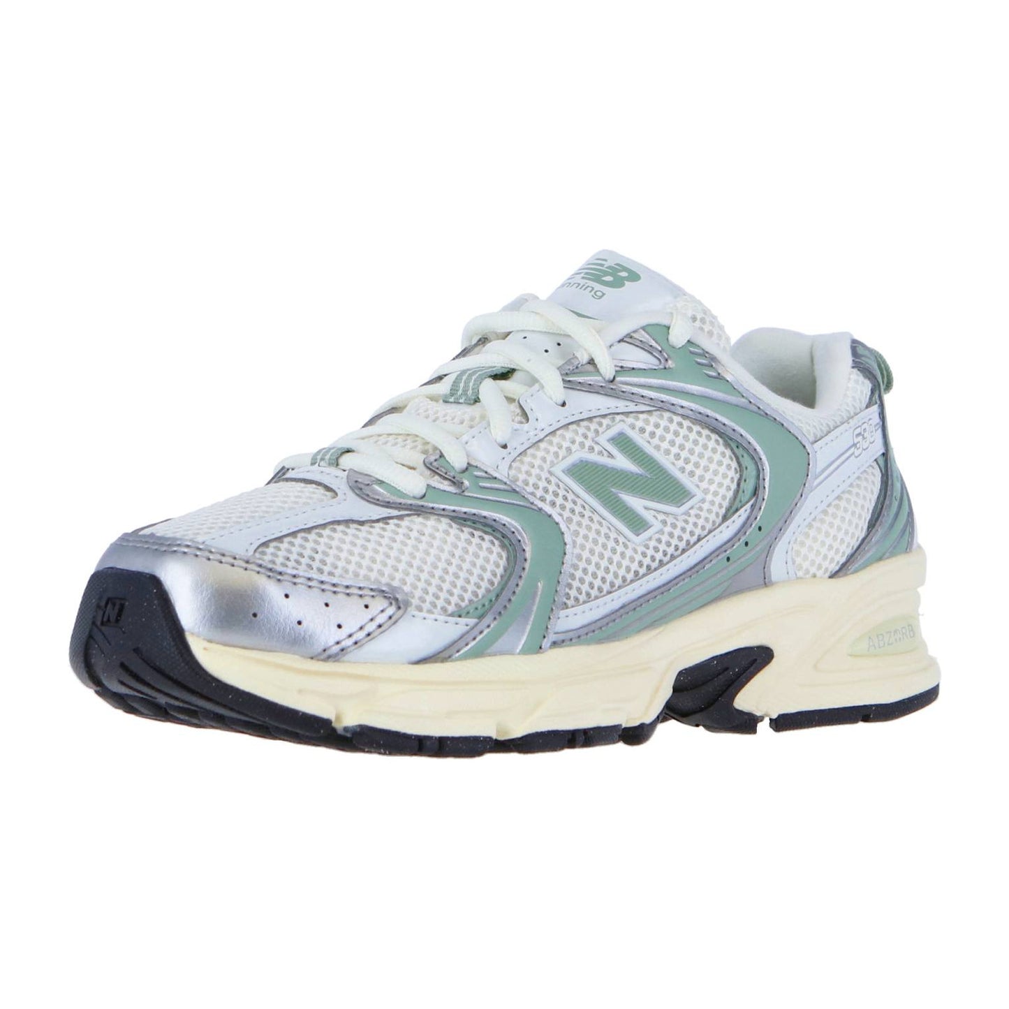 Der New Balance U530V1 ist ein weiß-silberner Retro-Sneaker mit hellgrünen Akzenten, Mesh-Einsätzen, Schnürsenkeln, schwarzer Gummisohle und ABZORB-Dämpfung für höchsten Komfort.