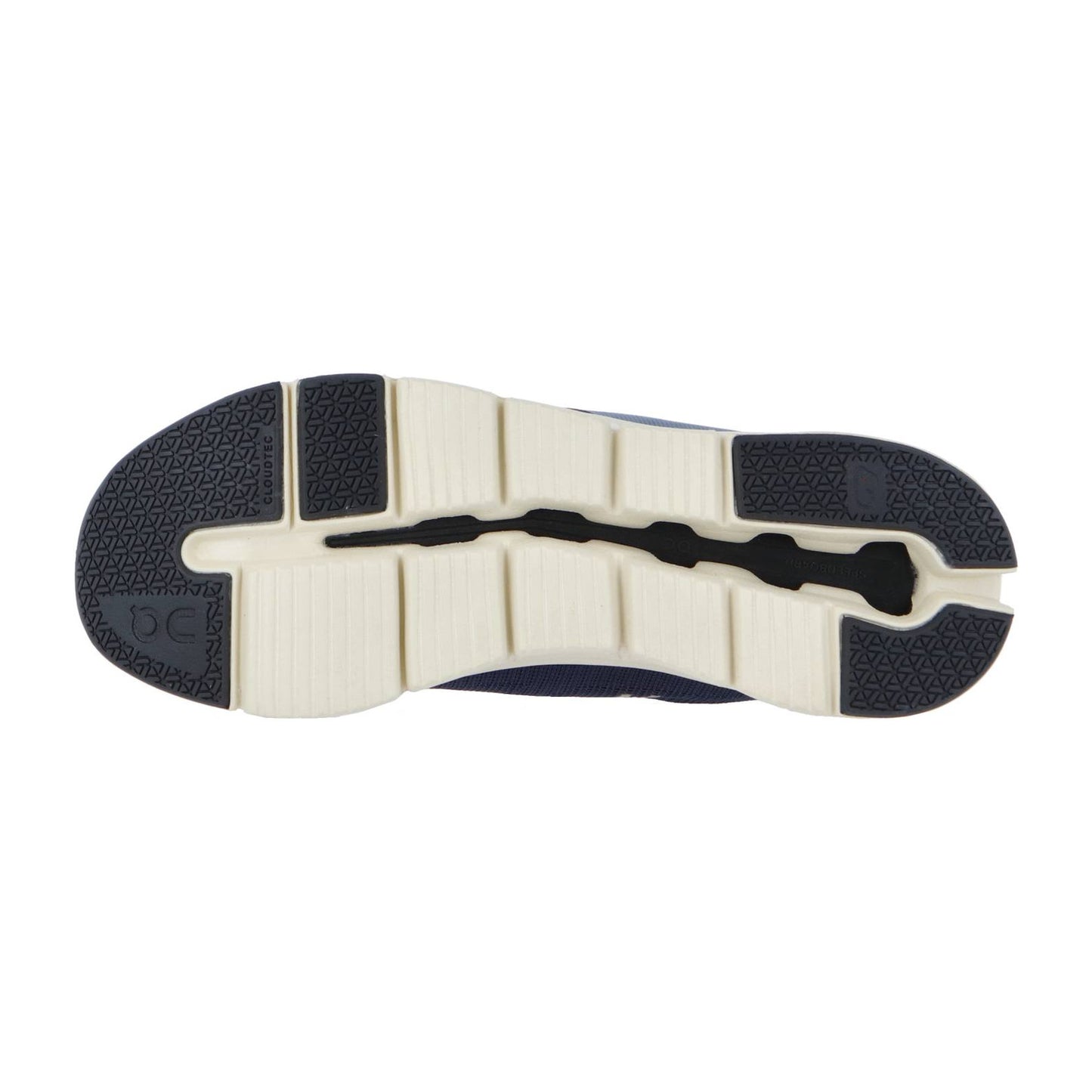 Die Abbildung zeigt die Sohle des On CLOUDRIFT mit weißer Mitte, dunkelgrauen Rändern und schwarzen Rillen. Ein dreieckiges Profil und tiefe Flexkerben mit CloudTec-Dämpfung verbessern Grip und Flexibilität.