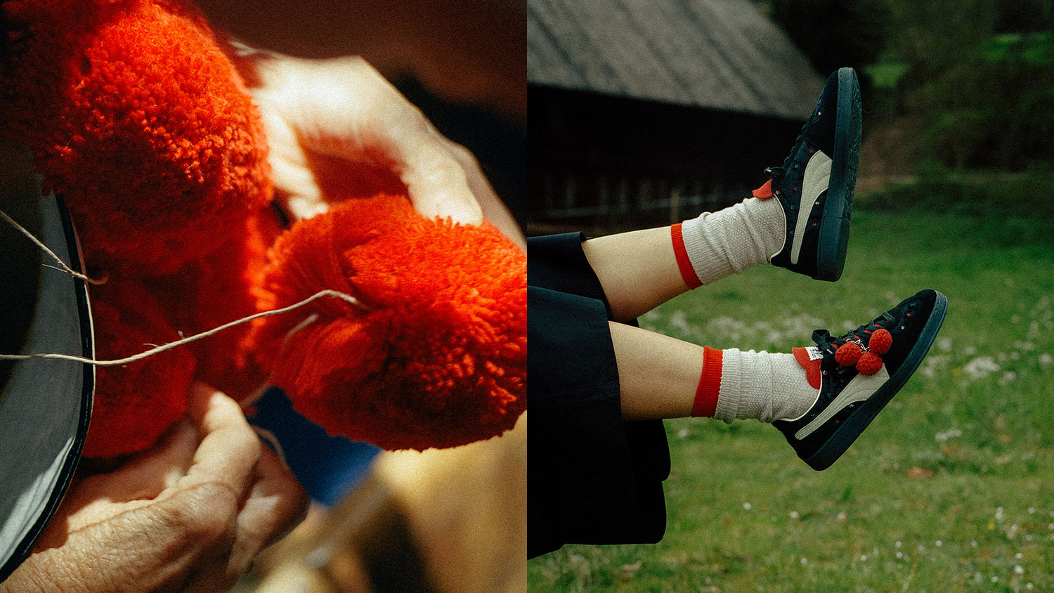 Nahaufnahme von Händen, die eine Schnur um leuchtend rote Bommeln binden (links); rechts: Beine mit weißen Socken und schwarzen Turnschuhen, die mit denselben roten Bommeln verziert sind, ruhen im Freien, mit Gras und Gebäuden im Hintergrund.